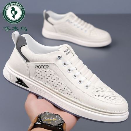 啄木鸟男鞋夏季透气软底镂空板鞋一脚蹬洞洞皮鞋运动休闲小白鞋潮