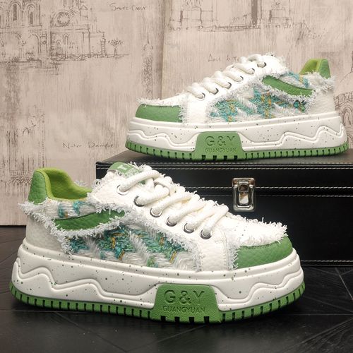 男士绿色设计款男板鞋夏季新款透气布面皮面拼接小众运动休闲鞋潮主图