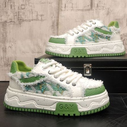 男士绿色设计款男板鞋夏季新款透气布面皮面拼接小众运动休闲鞋潮