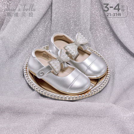 戴维贝拉童鞋儿童防滑皮鞋春季新款女童甜美银色公主鞋水钻演出鞋