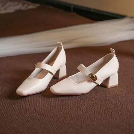 羊皮版~法式方头玛丽珍鞋女2026春季新款粗跟一字带浅口单鞋百搭