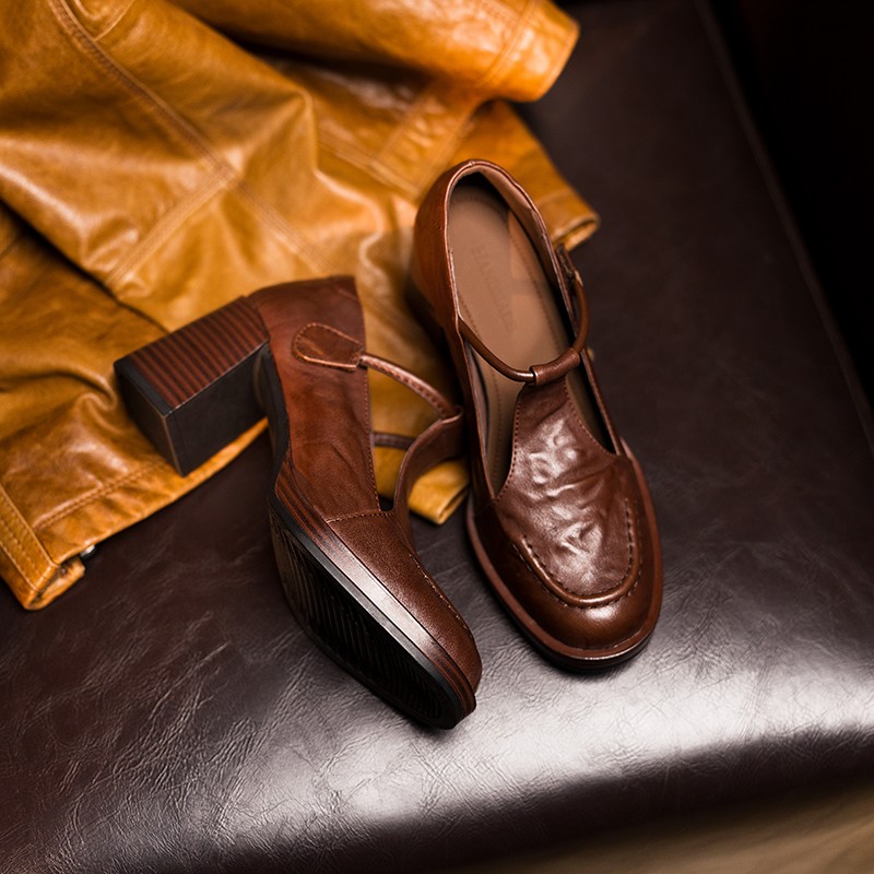 【牛皮仙】跟高7cm/鞋码34-42/春季新款单鞋女粗跟高跟真皮百搭皮鞋主图