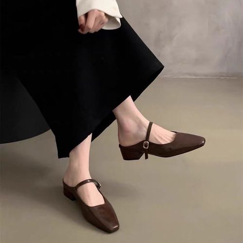 法式银色包头半拖鞋女夏外穿2025新款粗跟一脚蹬高级感半托高跟鞋主图