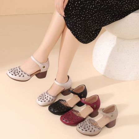 6905夏季新款绣花鞋粗跟真皮皮鞋镂空软底不累脚舒适百搭妈妈鞋