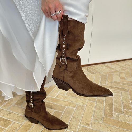 【万达撤柜】时尚磨砂皮尖头粗跟中跟褶皱堆堆靴休闲时装靴美拉德皮主图