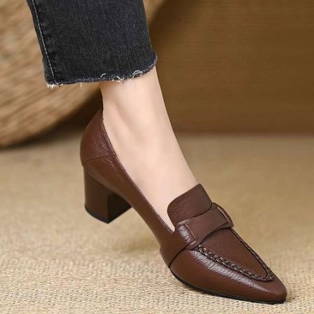 【万达撤柜】6厘米软羊皮复古风棕色浅口粗跟单鞋女秋季通勤尖头