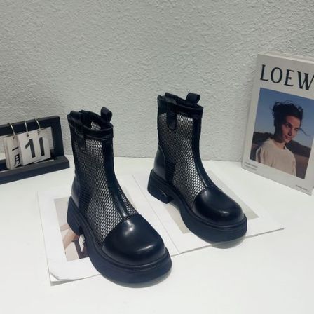 2026软底马丁靴中筒女款休闲英伦风粗跟瘦瘦靴网面女鞋透气镂空