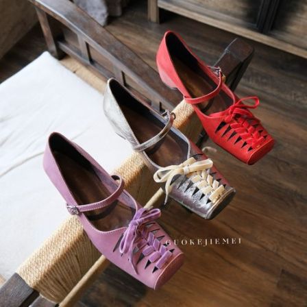 【Jellykk】5cm方头法式芭蕾舞设计师款系带镂空春夏一字带时装单鞋