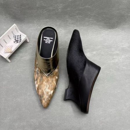 【萌萌定制】高跟坡跟时尚深口女士包头拖鞋马毛外穿真皮半拖春夏新