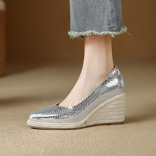 7.5cm新款草编坡跟尖头银色单鞋时尚防水台高跟鞋浅口气质真皮鞋主图