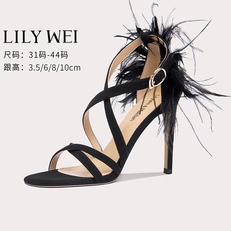 【摩登天空】芭蕾黑色高跟鞋女羽毛大码细跟绑带露趾凉鞋主图