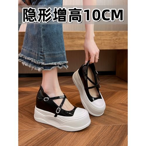 10CM隐形增高浅口玛丽珍鞋单鞋女春季舒适温柔皮带扣大头漆面皮鞋主图