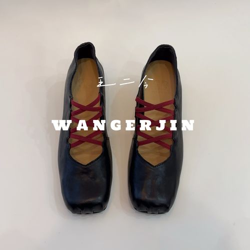 王二今/马皮/5CM/猪鼻子新中式方头交叉带气质玛丽珍芭蕾舞单鞋女主图