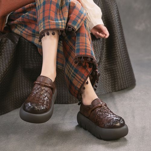 头层牛皮松糕编织舒适复古单鞋女2026新款透气镂空厚底增高乐福鞋主图