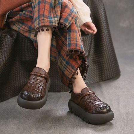 头层牛皮松糕编织舒适复古单鞋女2026新款透气镂空厚底增高乐福鞋