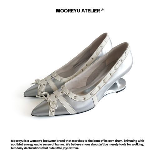 Mooreyu Atelier原创设计银色尖头高跟鞋女牛皮爱心跟浅口单鞋女主图