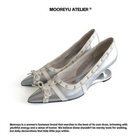Mooreyu Atelier原创设计银色尖头高跟鞋女牛皮爱心跟浅口单鞋女