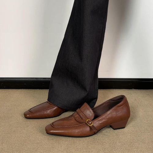 羊皮版复古方头金属扣粗跟乐福鞋女通勤百搭时尚单鞋高级感小皮鞋主图