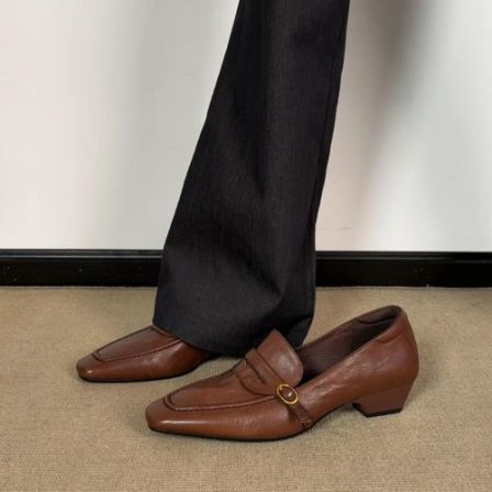 羊皮版复古方头金属扣粗跟乐福鞋女通勤百搭时尚单鞋高级感小皮鞋