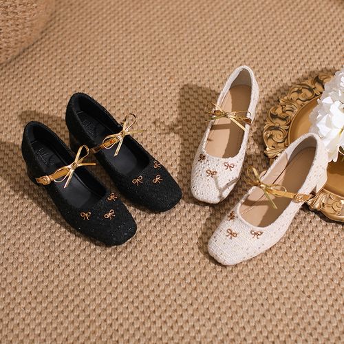 小码女鞋31-34增高蝴蝶结粗跟法式玛丽珍新款浅口单鞋方头百搭潮 主图