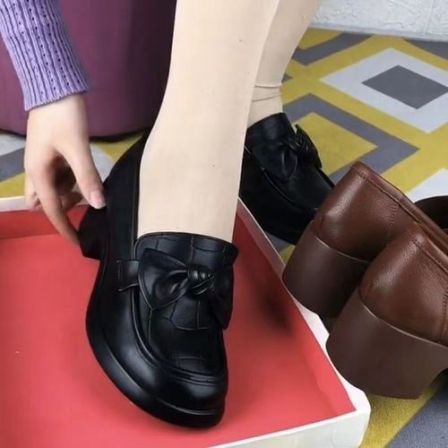 软皮中跟女单鞋2025春夏新款中粗一体跟圆头蝴蝶结休闲妈妈乐福鞋