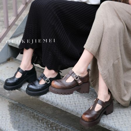 【Jellykk】6.5cm玛丽珍厚底复古圆头法式风百搭一字扣擦色时装单鞋