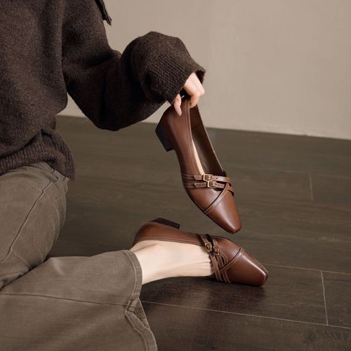 跟高3CM/头层牛皮/法式复古浅口单鞋女春夏百搭中跟粗跟时尚皮鞋主图