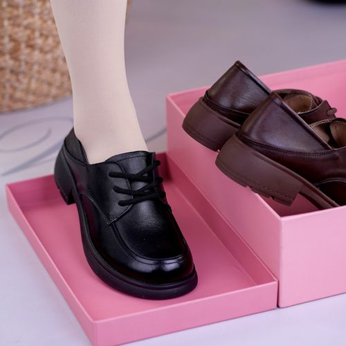 新款头层牛皮圆头厚底系带英伦风女乐福鞋百搭单鞋主图