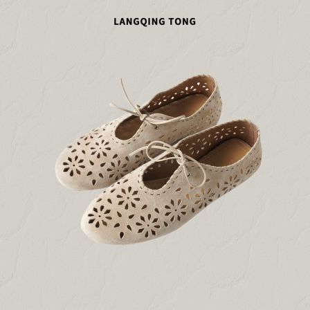 浪清/LANGQING【时光 】复古镂空羊反绒系绳玛丽珍单鞋48360#
