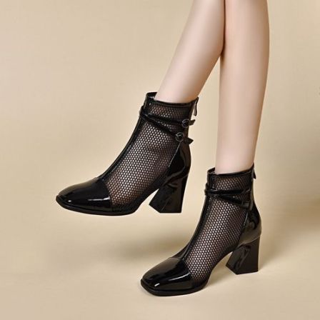 夏季2025新款百搭真皮女鞋高凉鞋女款洋气马丁方头网靴镂空靴短靴