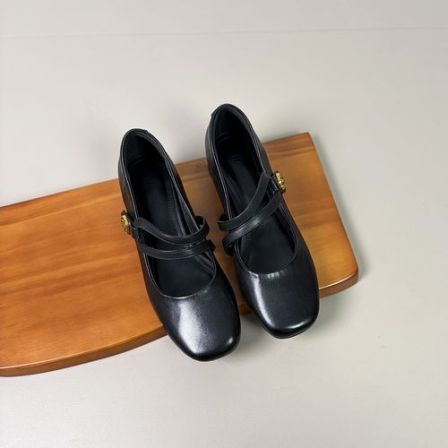 少量现货】2.5cm/1895牛皮方头浅口单鞋春季平跟女玛丽珍真皮黑色