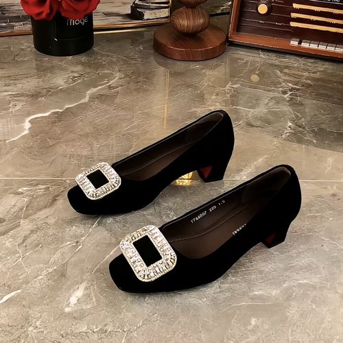 头层羊皮小香风绒面水钻方扣浅口真皮单鞋女春秋季方头粗跟配裙子主图