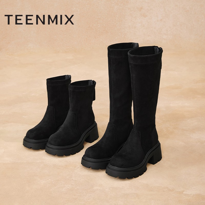 天美意厚底百搭袜靴一脚蹬后拉链女休闲弹力靴KNZ11DZ5/KTX17DG5主图