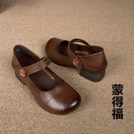 防滑舒适复古低跟春秋妈妈单鞋圆头低跟玛丽珍女鞋