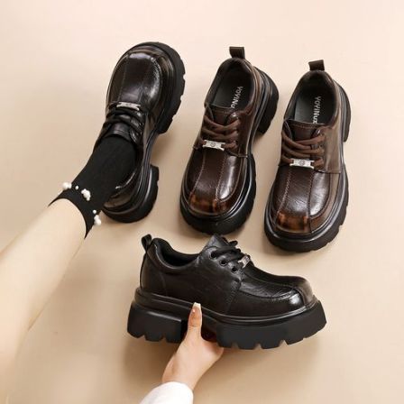 英伦风厚底增高6CM小皮鞋女2026新款春秋单鞋百搭系带乐福鞋软底