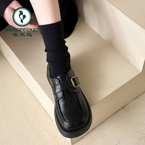啄木鸟乐福鞋女款2026春季新款厚底百搭一脚蹬单鞋英伦风小皮鞋子主图