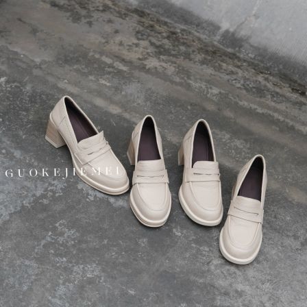 【Jellykk】5/7cm复古休闲百搭粗跟圆头极简真皮软底增高乐福鞋