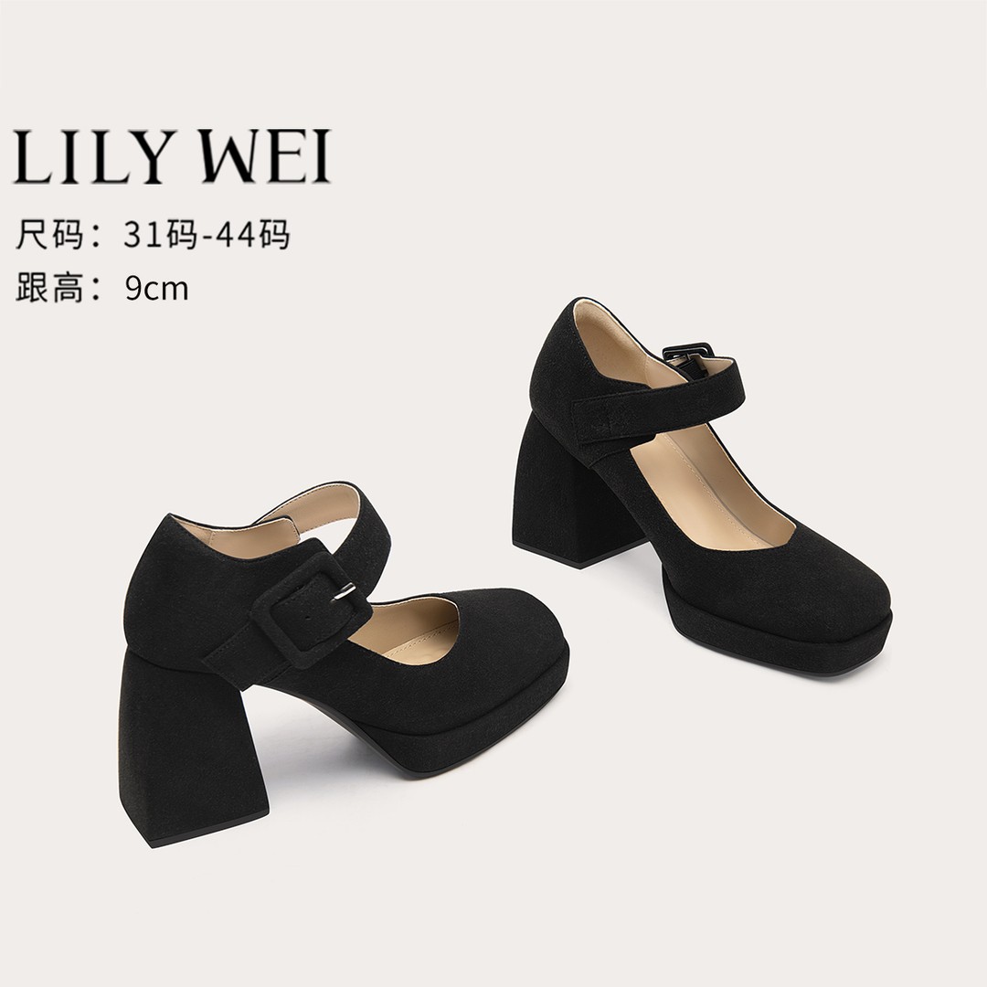 Lily Wei黑色复古玛丽珍单鞋气质高级不累脚高跟鞋女大码41-43主图