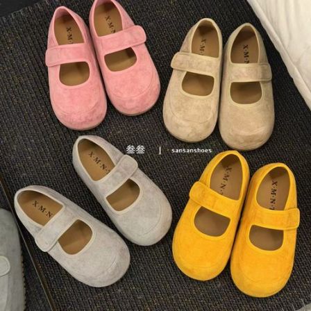 厚底增高大头韩版平底鞋春秋浅口单鞋春季平底鞋魔术贴复古单鞋