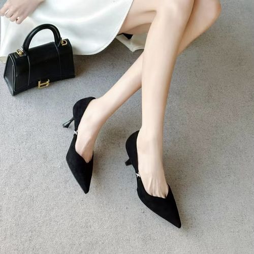 黑色赫本风尖头细跟高跟鞋女性感不累脚气质百搭浅口镂空单鞋主图