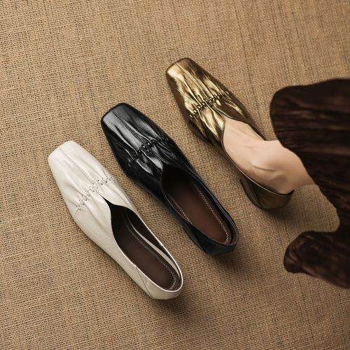 羊皮~2.5cm米白色深口单鞋低跟软底优雅奶奶鞋褶皱玛丽珍真皮女鞋主图