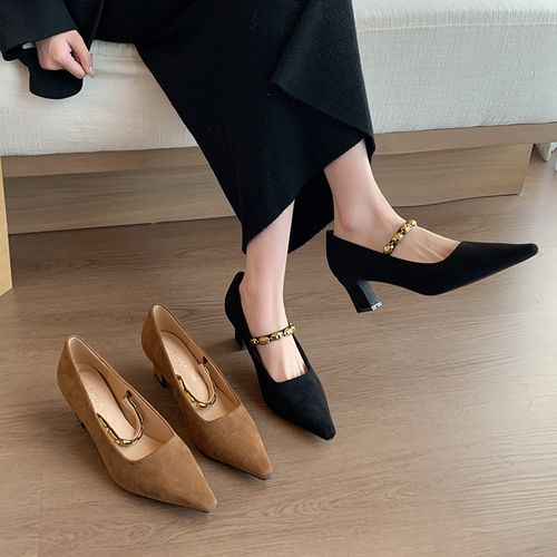 A胖MM宴会通勤尖头高跟鞋女金属链绒面粗跟单鞋加宽大码女鞋主图