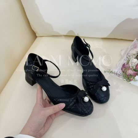 【LANXIMOMO】气质时尚百搭女士黑色粗跟包头小单鞋25DX179LX