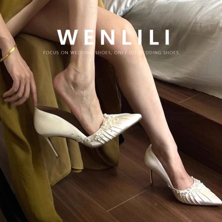 温礼·法式珍珠白色新娘婚鞋女2025新款绝美缎面主婚纱细跟高跟鞋