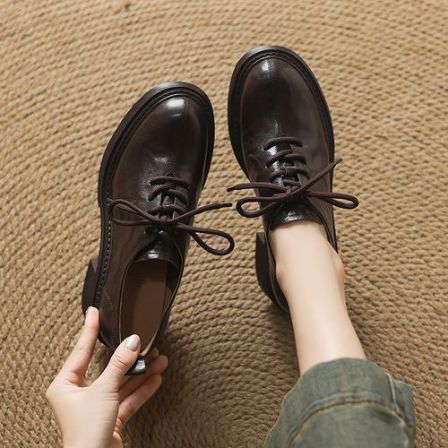 34-40码|6cm粗跟|黑/棕|陈摸鱼圆头厚底复古系带英伦风单鞋小皮鞋