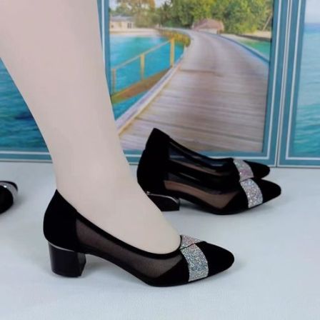 2025春夏季新款网纱女凉鞋亮钻3.7公分时尚百搭设计气质女妈妈鞋