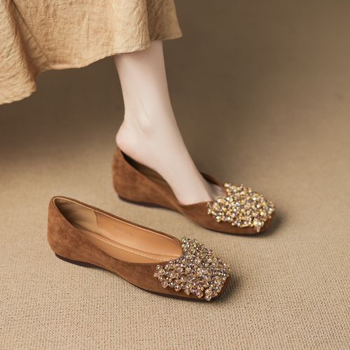 羊皮版~巨好看的婚鞋伴娘鞋秋季绝美一脚蹬气质水钻浅口平底单鞋主图