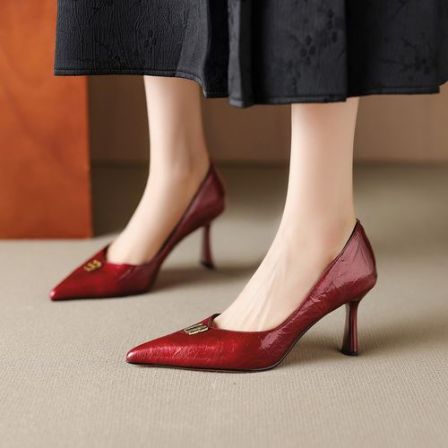 7cm法式红色尖头浅口单鞋春秋时尚细跟高跟鞋气质真皮不累脚女鞋