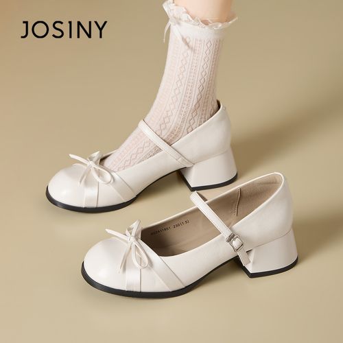 法式白色单鞋女2025巨好看不累脚小皮鞋蝴蝶结粗跟玛丽珍鞋主图