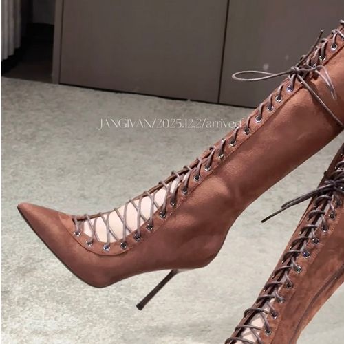 时装靴～江亦晚·棕色尖头长靴女冬季交叉绑带网感黑色美拉德骑士靴主图